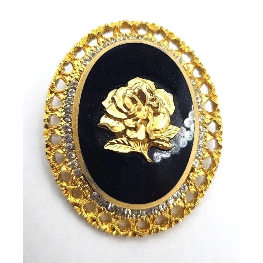 Vintage Rose Cameo Celebrity Brooch Pin Crystal Inset 2in